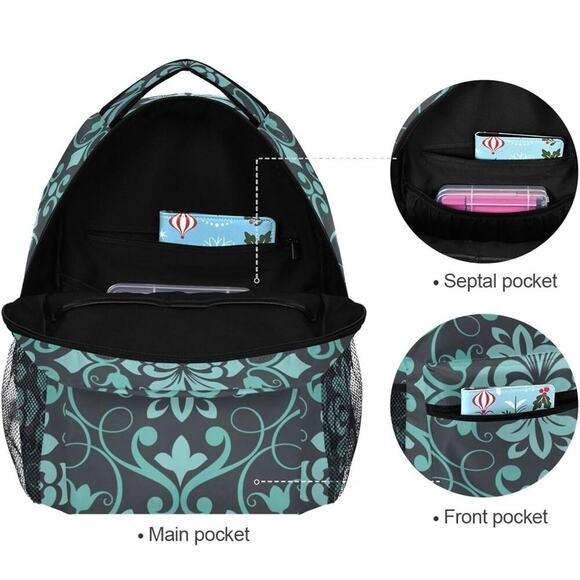 Bolaz Large Backpack Lightweight Shoulder Bag Unisex Teal Turquoise Floral‎ - Picture 5 of 9